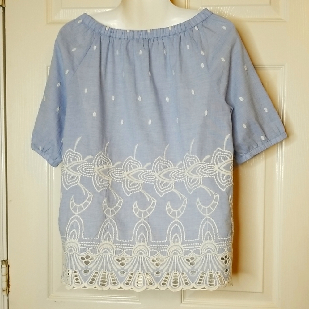 Talbots Womens Elastic Round Neck Light Blue White Lace Eyelet Shotsleeve Shirt - Picture 4 of 10